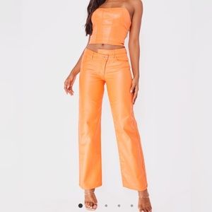 Orange Coated Denim Set; Asymmetric waistband